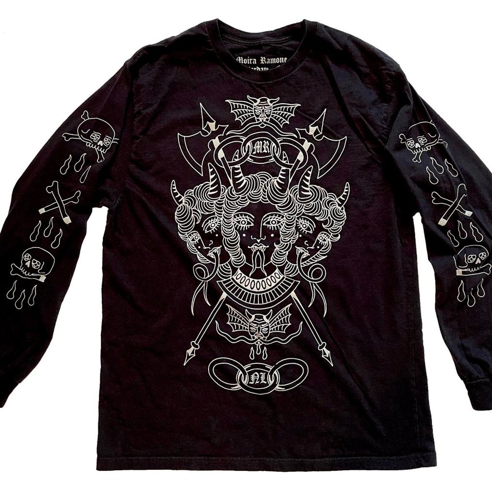 Moira Ramone Tattoo design t-shirt, long sleeve three-headed woman graphic XL